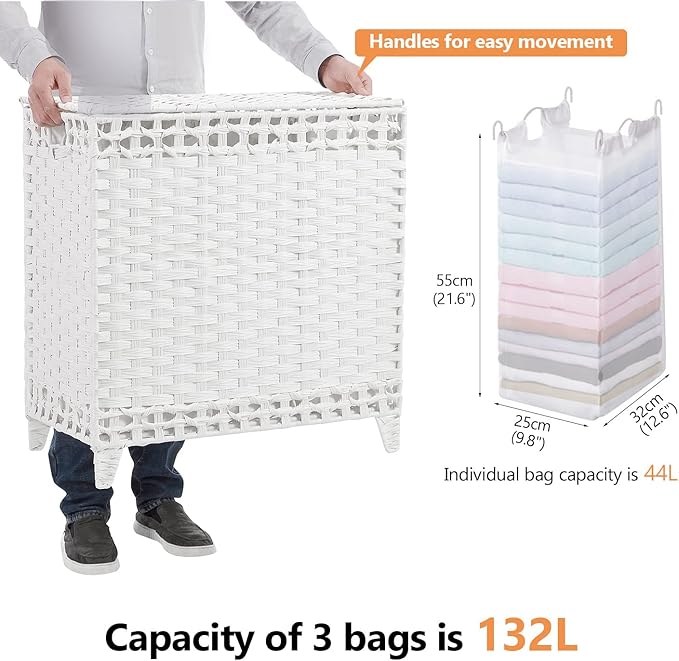 Laundry Hamper with 3 Removable Liner Bags; 132L Handwoven Rattan Laundry Basket with Lid & Heightened Feet; Clothes Hamper with Side Handles; Laundry Sorter with 3 Separate Sections (White)