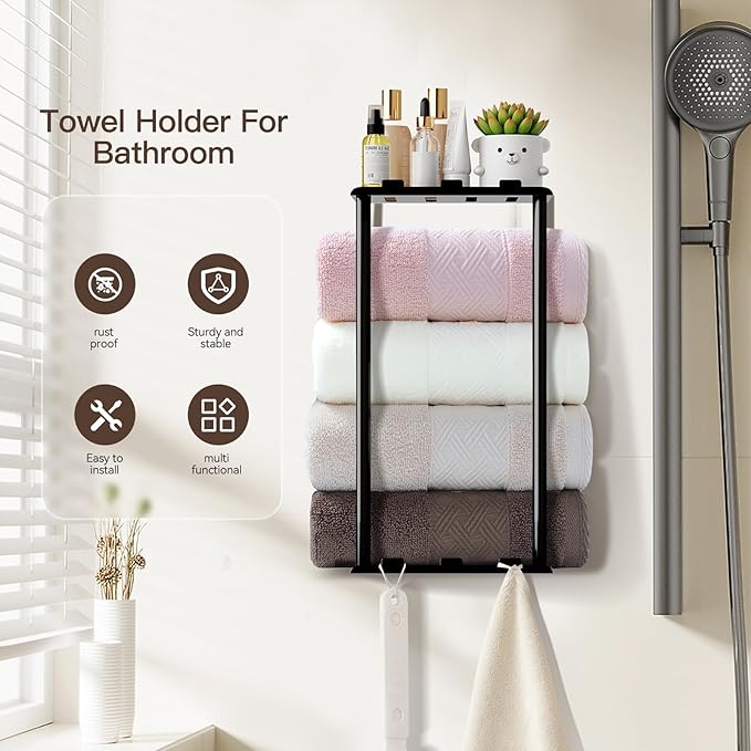 Towel Racks for Bathroom Towel Holder with Shelf & 6 Hooks Wall Mounted Towel Storage Rack for Rolled Towels Organizer, Sturdy Metal Towel Shelf, Black