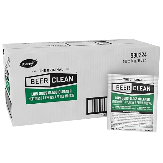 BEER CLEAN 990224 Low Suds Glass Cleaner, Restaurant Barware & Glassware Cleaner for Auto Brush, Powder Packets, 0.5-Ounce (Pack of 100)