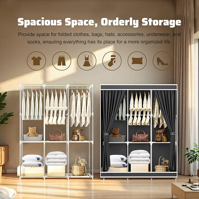 BAOKALER Portable Closet, Portable Closets for Hanging Clothes with 3 Hanging Rods and 6 Storage Shelves, Non-Woven Fabric Cover, Black Wardrobe Closet Easy to Assemble and Strong and Stable