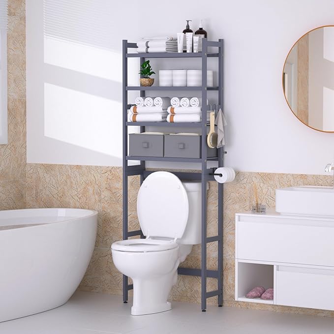 Cozivolife Over The Toilet Storage with 2 Baskets, 4-Tier Bamboo Organizer Rack with Paper Holder & 4 Hooks & Waterproof Feet Pad,Freestanding Shelf for Bathroom(Grey)