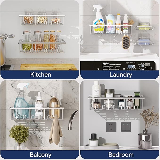8 Pack Adhesive Rustproof Shower Caddy with Soap Dishes, Toothbrush Holder & Hooks, Large Capacity No-Drilling Shower Shelves Rack for Bathroom Organizers and Storage Accessories, Silver