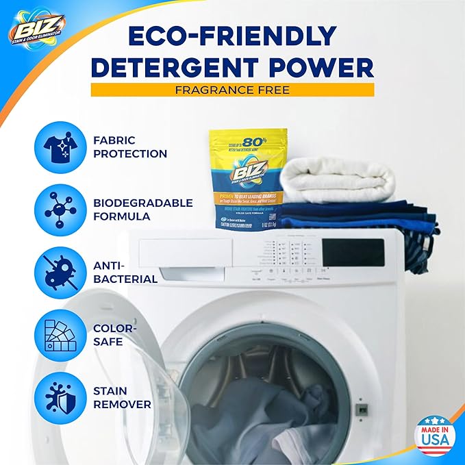 Biz Laundry Detergent Powder, Stain and Odor Eliminator for Tough Stains Like Grass Sweat and Food Grease, Powder Laundry Detergent, Color Safe, HE Safe, Unscented, Pack of 2, 16 oz Total