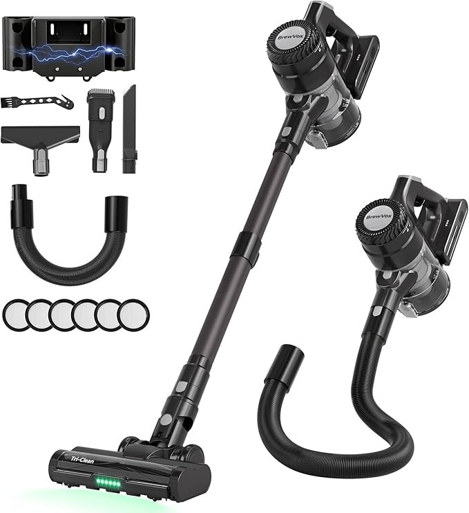 BrewVox Telescopic Cordless Stick Vacuum Cleaner for Home & Pet Hair, 25W Motorized Tri-Clean Brush, 40kPa Powerful Suction, 450W Motor, 65 Min Runtime, 2.5H Quick Rechargeable for Carpets, All Floors