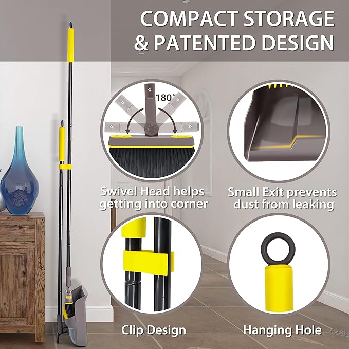 Broom and Dustpan Set for Home with 54 Inches Long Handle, Upright Stand Up Dust Pan with Teeth, 180 Degree Swivel Head Broom for Home Kitchen Lobby Room Office Floor Indoor Outdoor