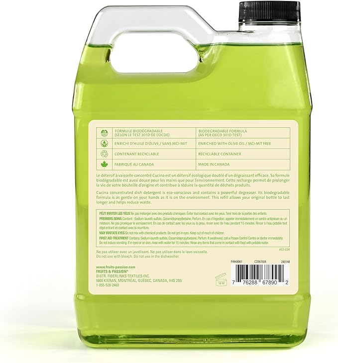 Fruits & Passion Cucina Concentrated Dish Soap Refill, Lime Zest & Cypress, Gentle Liquid Dishwashing Detergent with Olive Oil, Vegan & Biodegradable Formula, 1 Liter (33.8 fl oz)