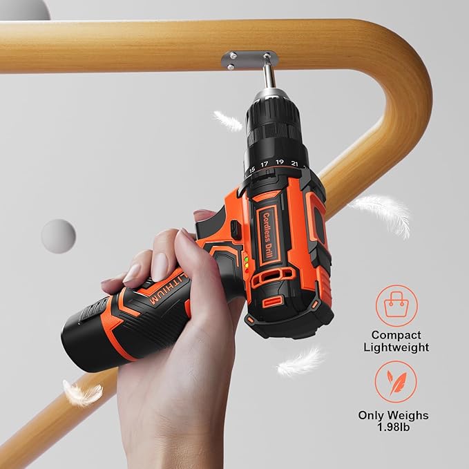 Cordless Drill Set,12V Power Drill Driver 3/8" Keyless Chuck with 92 Acessories, Built-in LED Light, 25+1 Position, Electric Drill for Home DIY Projects (Orange)