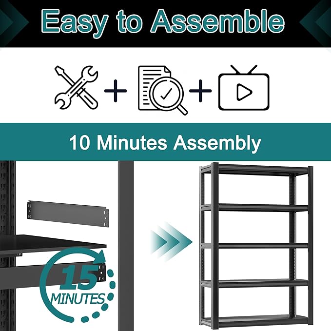 71" H Heavy-Duty Metal Storage Shelving, 5-Tier Garage Shelves Unit, 36" W 3000 LBS Ajustable Industrial Shelf for Garage, Warehouse, Home, Kitchen, Pantry, Office, Pure Black