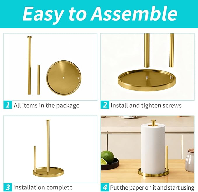 Paper Towel Holder Countertop, Standing Paper Roll Holder with Anti Slip Weighted Base, Stainless Steel Freestanding Paper Towel Holder for Kitchen, Gold