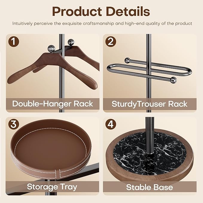 Suit Valet Stand with 2 Wooden Hangers & Storage Tray, Stainless Steel Frame, Solid Natural Marble Base, Freestanding Clothing Valet for Men, Bedroom, Office, Entryway (12.6 x 54.33 in)