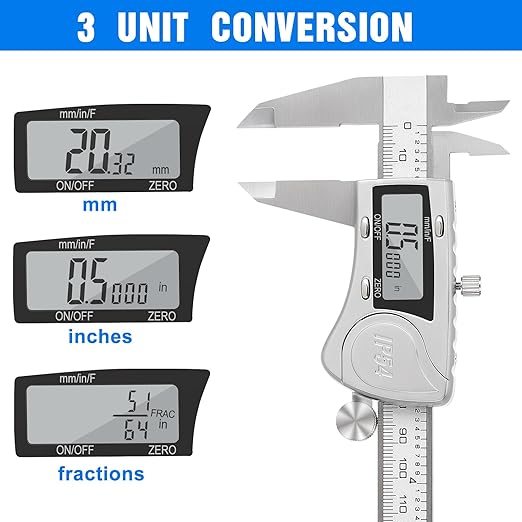 Digital Caliper, Adoric Caliper Measuring Tool 0-6" Stainless Steel Vernier Caliper Digital Micrometer with Large LCD Screen, Easy Switch from Inch Metric Fraction, 6" Caliper Tool for DIY/Household