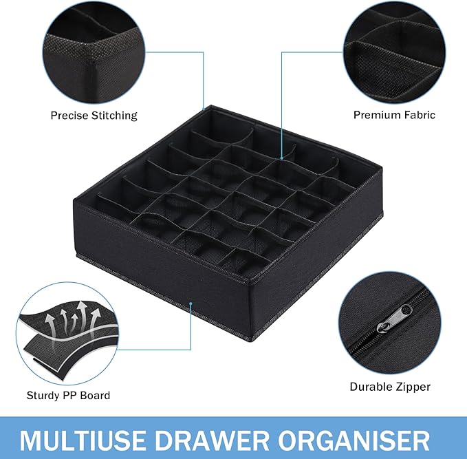 Foldable Storage Cubes Drawer Underwear Organizer Dividers， under Cabinet Organizer 24-Cell Fabric Storage Boxes for Lingerie,Socks,Ties （Black）