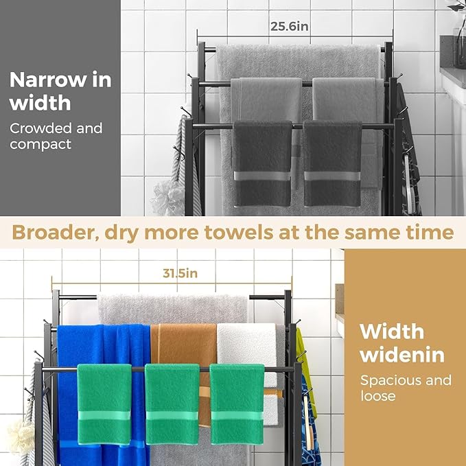 HavenlyYouth 3 Tier Towel Rack with Large Storage & 6 Hooks, Blanket Rack for Oversized Bath Towels, Free Standing Pool Towel Rack Stand for Bathroom Pool Indoor/Outdoor, 35.8" H x 31.5" L x 11.8" W