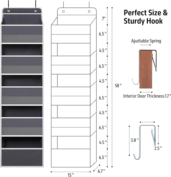 TYMENSH Over Door Organizer with 5 Large Pockets, Heavy Duty Hanging Organizer Storage, Closet Bathroom Nursery Bedroom Dorm, Toys Cosmetics Sundries and Baby Essentials, Gray