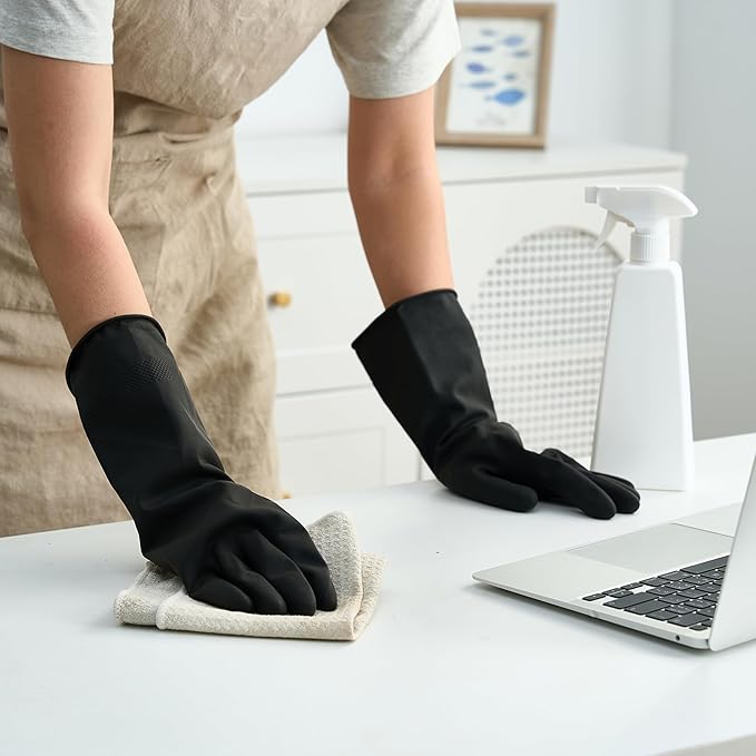 Bamllum 4 Pairs Black Rubber Dishwashing Gloves - Reusable Cleaning Gloves for Kitchen, Household, Anti-Slip, Flexible & Long-Lasting (Small)