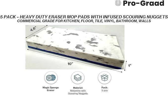 4.5" x 10" Heavy Duty Mop Floor Cleaning Eraser Pads Infused with Scouring Nuggets 10x Durability Commercial Grade Floor Baseboard Walls, Compare to Magic Eraser – Doodlebug Pad, 5 Pack