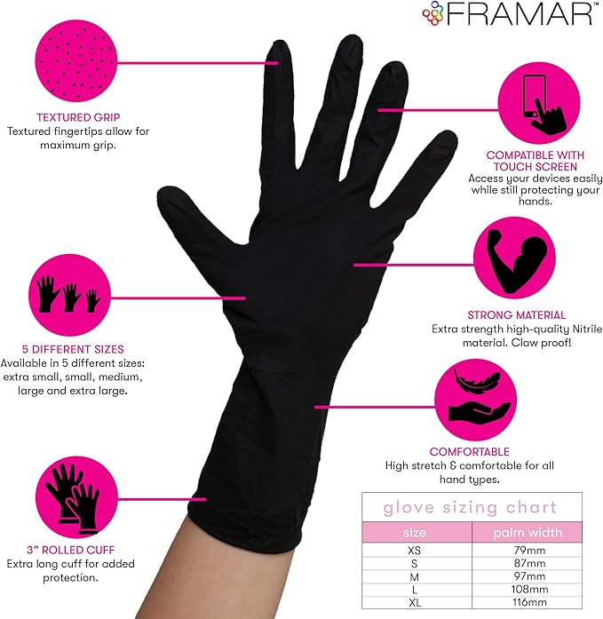 FRAMAR Black Nitrile Gloves Disposable Latex Free – Extra Large Nitrile Gloves xl, For Hair Dye, Cleaning, Tattoo, Mechanics – Extra Durable & Resistant, 12 Inches Long – 100 Pack