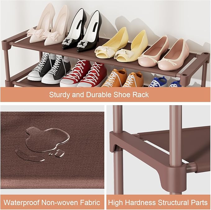 34" Widening Design Shoe Rack for Closet 16 Pairs Small Spaces Non-Woven 3 Tier Shoe Organizer Stackable Metal Shoe Shelf for Entryway, Bedroom Brown