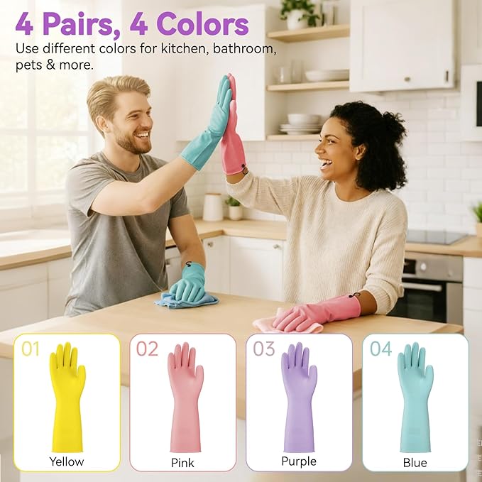 Dishwashing Rubber Gloves for Cleaning – 4 Pairs Kitchen Gloves with Handing Hooks Washing Dishes Household Glove - Small