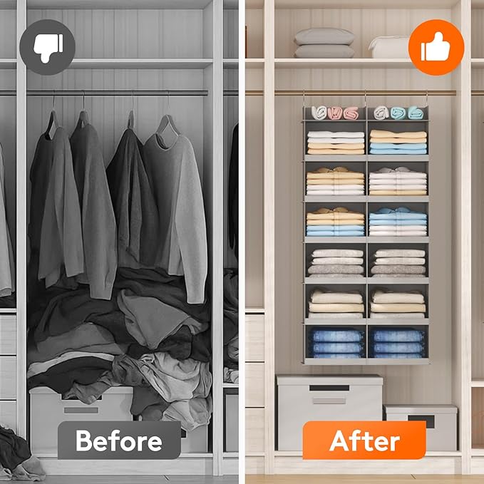 Lifewit Dual-Row Shelf Hanging Closet Organizer and Storage, Clothes Shelves with 3 Sturdy Hooks for Clothing Organization, Foldable Container Hold Up to 36 Sweaters, 6 Tier 12 Sections, Light Gray