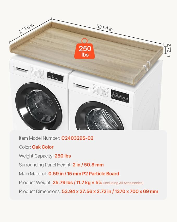 VEVOR Washer Dryer Countertop, 54" x 27" Wooden Washer and Dryer Countertop, Water-Resistant Laundry Machine Topper Cover with Anti-Slip Pads, for Laundry Room Organization and Storage, Oak