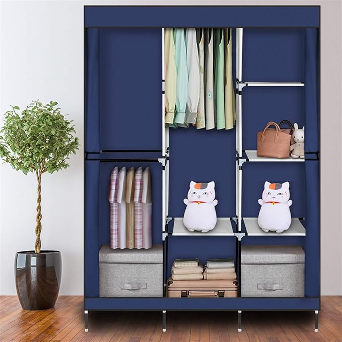 Portable Closet Wardrobe,71'' Closet Storage Organizer Rack with Shelves and Cover for Hanging Clothes, Non-Woven Fabric, Quick and Easy to Assembly (Blue)