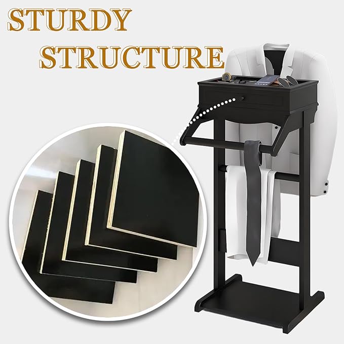 Wood Mens Valet Stand,Freestanding Suit Stand&Clothes Butler Valet Stand with Hanger,Tie&Belt Hooks,Shoe Rack,Storage Organizer for Keys,Watches,Wallet,Jewelry in Entrance,Bedroom (Styel 3, Black)