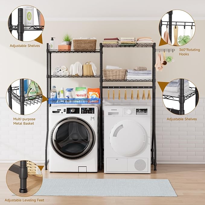 Golpart Over Washer and Dryer Shelves,Heavy Duty Laundry Room Storage Organization Clothes Drying Rack,5 Tier Adjustable Height Wire Shelving and Wire Basket with Hanger Rod&Hook,Space Saving Shelf | Heavy Duty, Clothes Drying Rack, Adjustable Height, ...