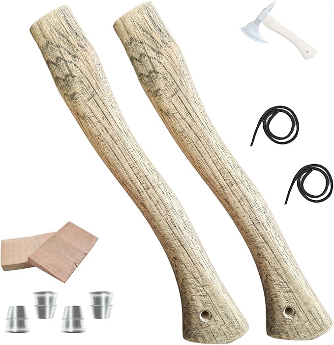 2 Pack Hickory Hatchet Handle Replacement for Camping Gardening Axe, 13in Axe Handle Replacement with Wooden and Steel Wedges Camping Essentials