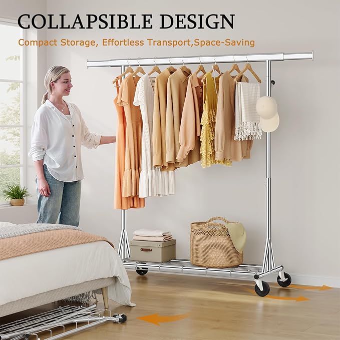 Gewudraw Heavy Duty Clothes Rack Load 630 lbs, Metal Rolling Clothing Rack With Sturdy Wheel And Shelves, Adjustable Portable Hanging Garment Rack For Clothes,Chrome Stainless Steel