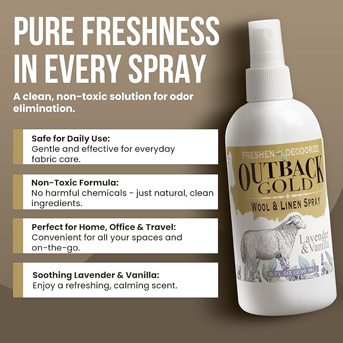 Outback Gold - Linen Spray & Fabric Freshener Spray, Natural Bed Spray for Wool & Linen, Lavender & Vanilla Scent, Essential Oils, Eco-Friendly Deodorizer for Home Fabrics, 8 Fl Oz