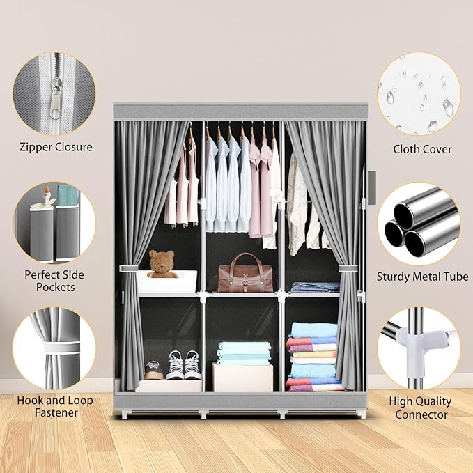 ALSO GO Portable Closet, Storage Organizer Wardrobe with Non-Woven Fabric Cover, with 3 Hanging Rods, 6 Storage Shelves and Side Pockets, Free Standing Clothes Rack with Non-Woven Fabric Cover, Grey