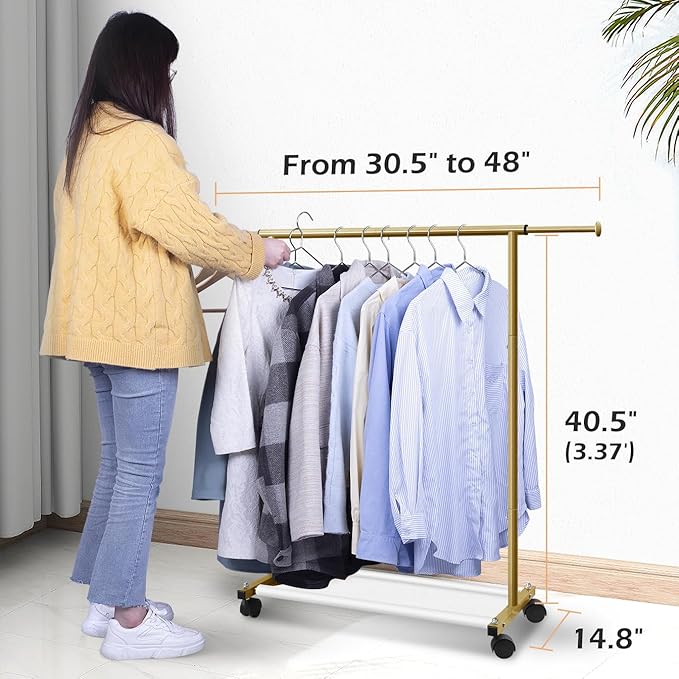MISSLO Short Clothing Racks for Hanging Clothes with Bottom Shelves and Wheels Heavy Duty Rolling Clothes Rack Kids Clothing Rack for Adult Coat, Closet, Wardrobe (Gold)
