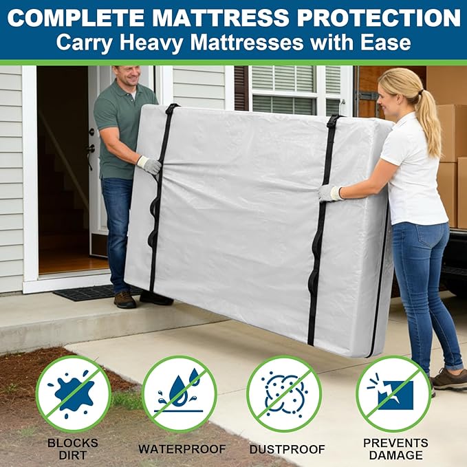 TICONN Mattress Bags for Moving, Heavy Duty Full Mattress Cover Storage Bag with Full-Around Handle and Adjustable Buckles (Clear, Full)