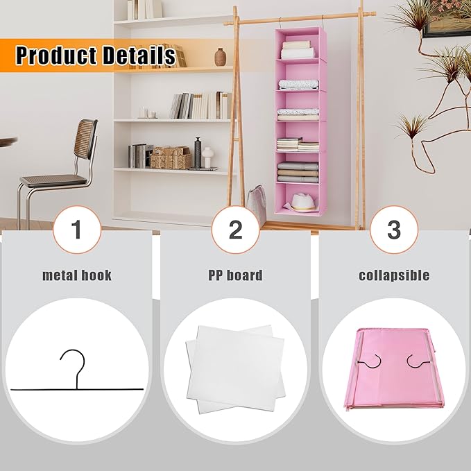 Hanging Closet Organizer, Easy Mount Foldable 6-Shelf Hanging Closet Wardrobe Storage Shelves, Clothes Handbag Shoes Accessories Storage, Washable Oxford Cloth Fabric, Pink