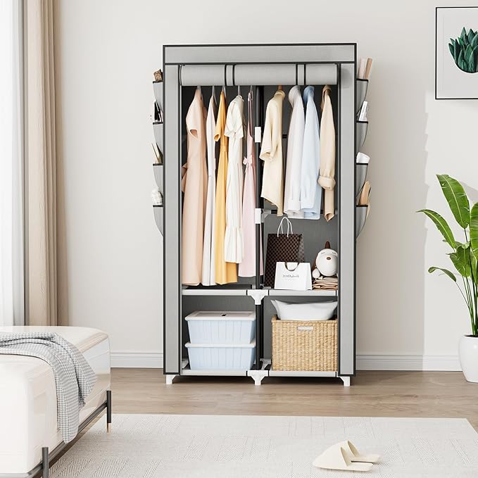 Portable Closet for Hanging Clothes, Portable Wardrobe Closet with Cover, 4 Storage Shelves, 2 Hanging Rods and 8 Side Pockets, Easy Assembly and Sturdy Free Standing Closet for Bedroom, Grey