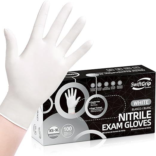 Disposable Nitrile Exam Gloves, 3-mil, Large, Box of 100, White Nitrile Gloves Disposable Latex Free for Medical, Cleaning, Cooking & Esthetician, Food-Safe, Powder-Free, Non-Sterile