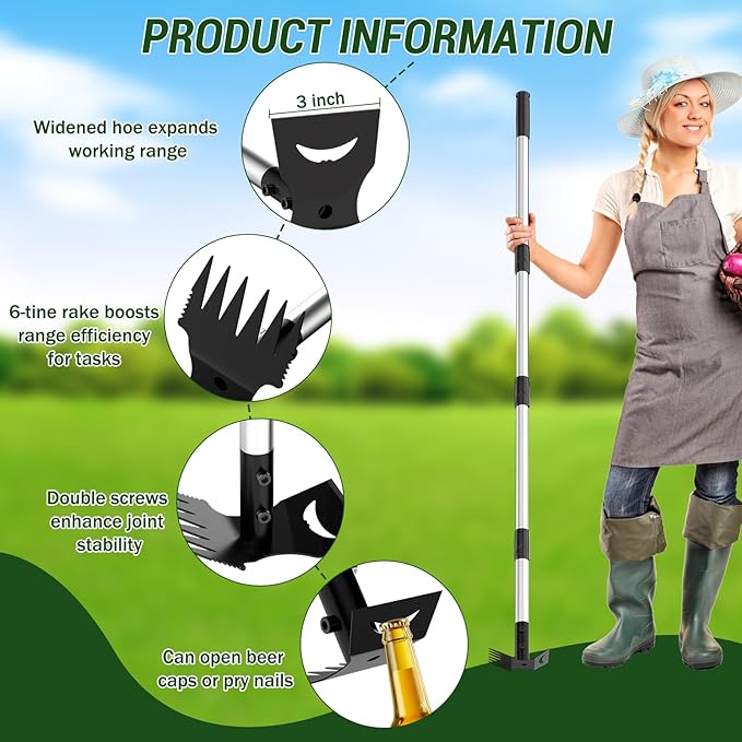 Weed Puller Tool with Long Handle – 2-in-1 Handle Garden Hoe and Weed Rake, Hoe Garden Tool for Home Gardens, Lawns, and Yards
