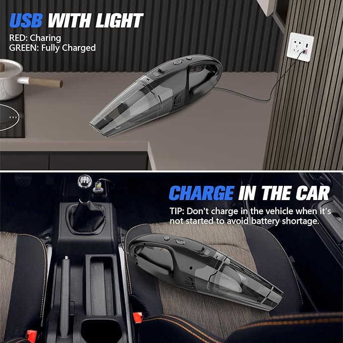 BSRCO Handheld Vacuum Cordless Rechargeable, 3-in-1 Car Vacuum Portable with LED Light & USB Charge, 1.65Lbs Lightweight Hand Vacuum Cleaner for Pet Hair, Home, Car Interior