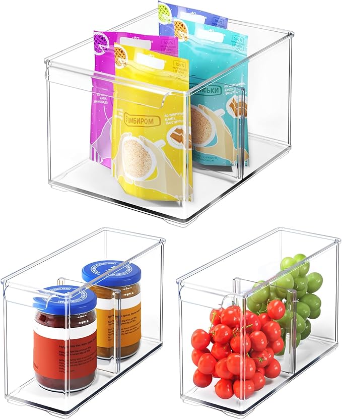 Clear Plastic Storage Bins with Dividers for Kitchen Pantry Organization, 3 Pack Thicken Stackable Storage Drawer Boxes for Refrigerator Cabinets Vanity Organizers and Storage, C6-1