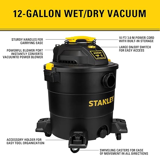 STANLEY 12 Gallon 5.5 Peak HP Wet/Dry Vacuum, 3 in 1 Shop Vacuum Blower,1-7/8"x6 Hose, Range for Garage, Carpet Clean, Workshop with Vacuum Attachments-SL18199P