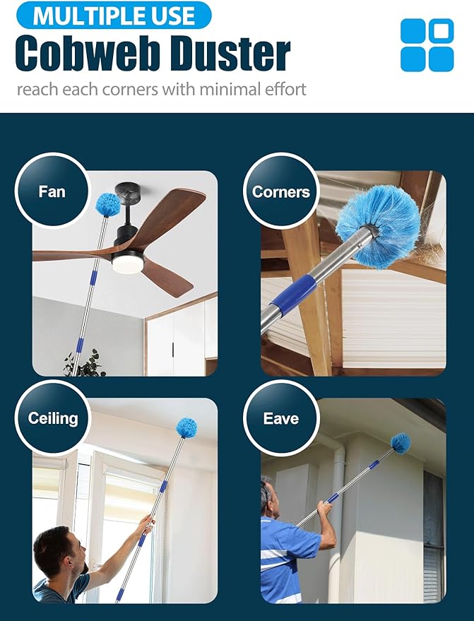 Cobweb Duster with Extension Pole, 8 ft Spider Web Brush for Outdoor House Cleaning, Cob Web Remover for High Ceilings Fans, Medium-Stiff Bristles Round Head, Steel Long Handle, Lightweight Cleaner