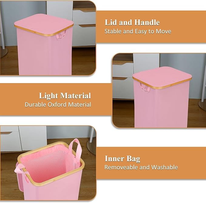 iEGrow Laundry Basket with Wheels, 110L Clothes Hamper for Laundry, Laundry Hamper with Bamboo Lid and Inner Bag, for Laundry Room, Bedroom, Dormitory Storage,Pink