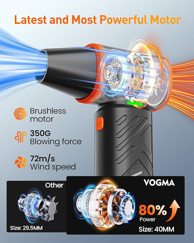 V40 Compressed Air Duster-270000RPM 350G Super Power Electric Air Duster, 10000mAh Cordless Rechargeable Brushless Motor Canned Air, Stepless-Adjustable Air Blower for PC, Keyboard