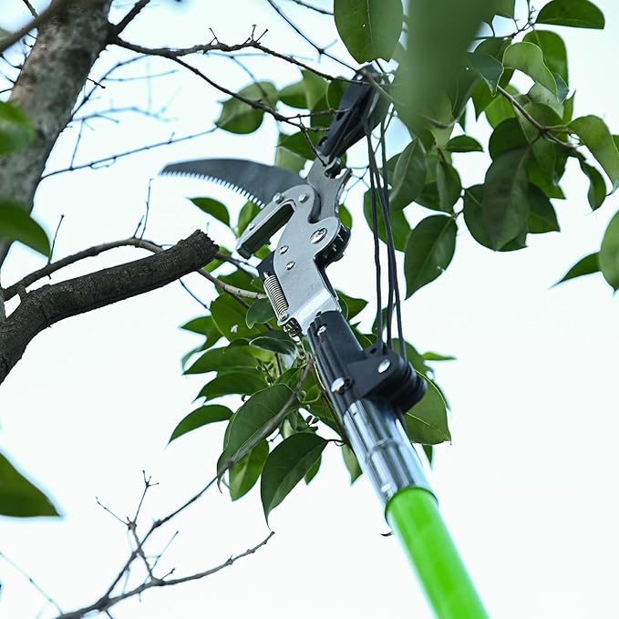 Manual Pole Saw for Tree Trimming, 27 FT Manual tree purner with 8 Fiberglass Handles, Sharp steel Blade and Heavy-Duty Giant Scissors, Extendable Design for Tree Maintenance, Green
