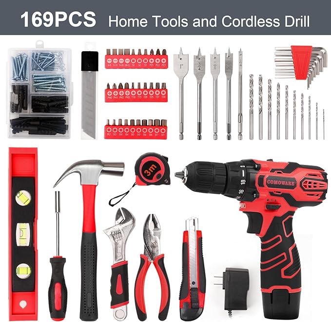 COMOWARE 12V Cordless Drill Set, 169Pcs Hand Tool Set with Cordless Drill Driver, Complete Repair Tool Kit for Men, Storage Bag, Ideal for Office, Garden, Dorm and DIY Project