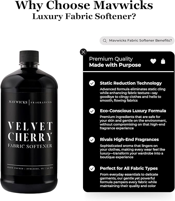 Mavwicks - Luxury Scented Liquid Fabric Softener (Velvet Cherry) 32 Oz – Crafted with Clean Ingredients – Reduces Static, and Softens Clothes – Safe for All Fabrics and Skin