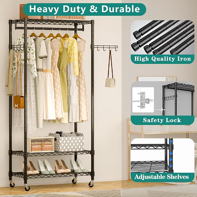 Heavy Duty Rolling Garment Rack, 3 Tiers Wire Shelves Adjustable Freestanding Portable Rolling Clothing Rack with Lockable Wheels, 44.9''L x 15.8''W x 78.8''H, Max Load 600LBS