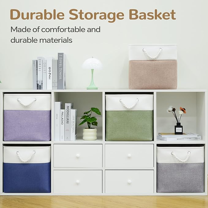 12 x 12 Inch Cube Storage Bins, 4 Pack Fabric Storage Basket with Handles, Foldable Boxes Organizer for Shelf Baskets for Home, Clothes (White/Grey)