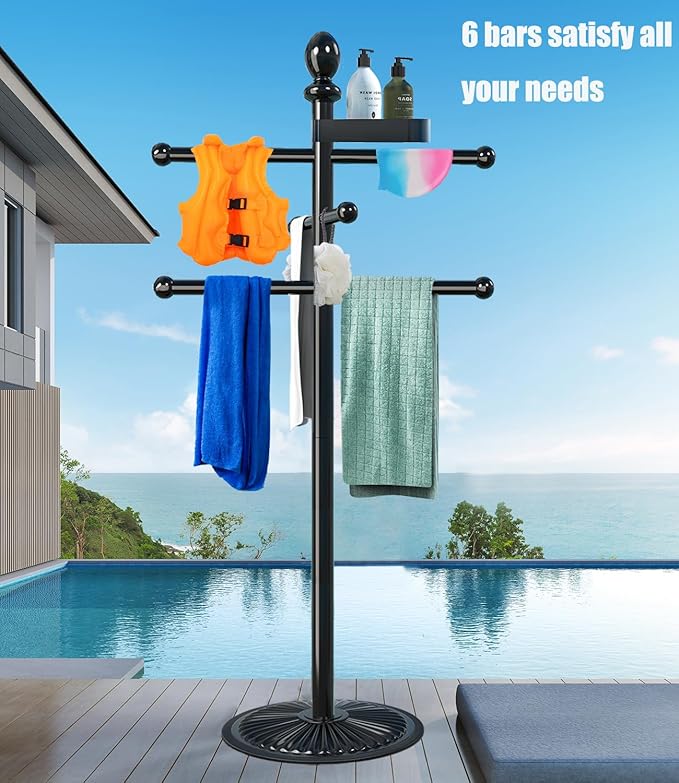 Pool Outdoor Towel Rack, 6 Bars with Top Tray Metal Heavy Duty Pool Accessories with Heavy Metal Base, Hot Tub Accessories Towel Dying Rack Towel Stand for Pool, Hot Tub etc